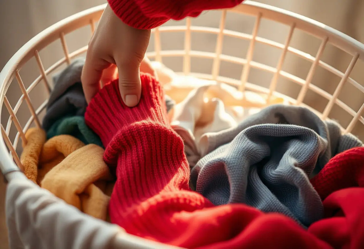 Une main plonge dans un panier à linge rempli de vêtements de différentes couleurs, la lumière matinale illumine un pull rouge.