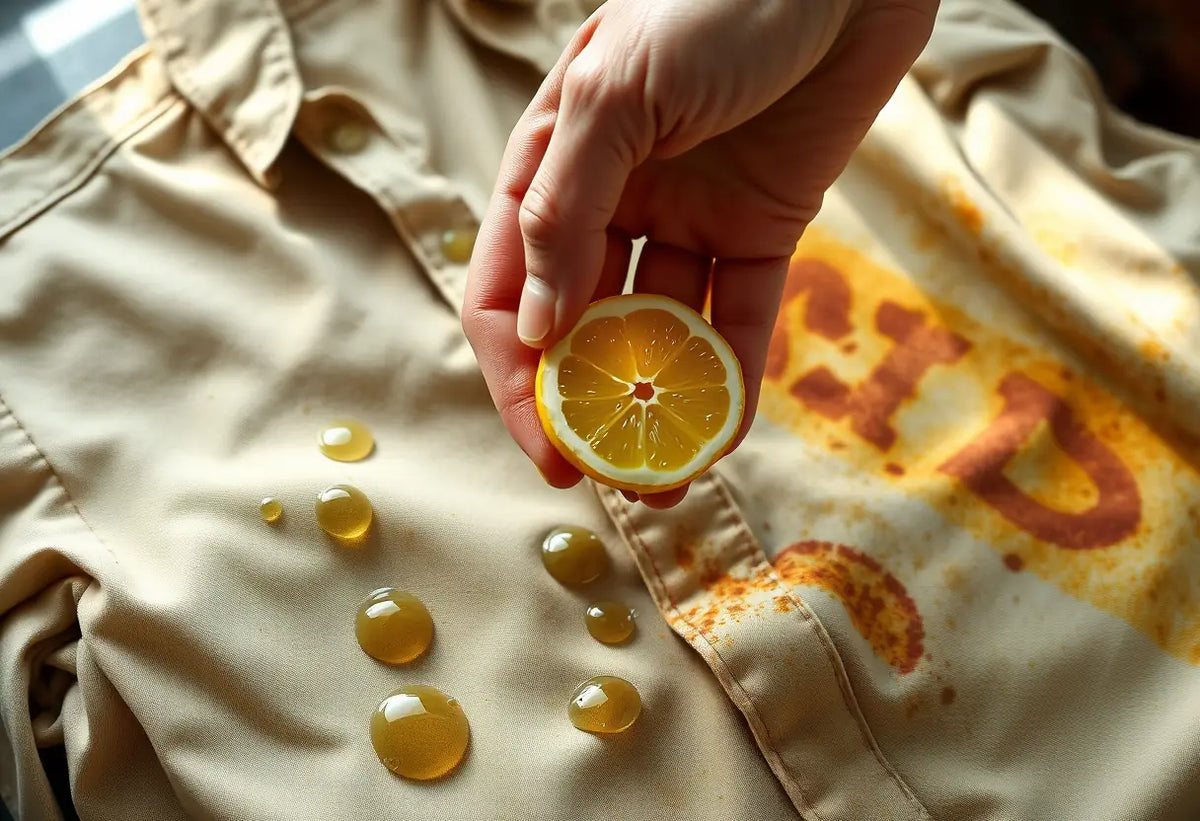 Une main tenant une tranche de citron au-dessus d’un vêtement taché de rouille