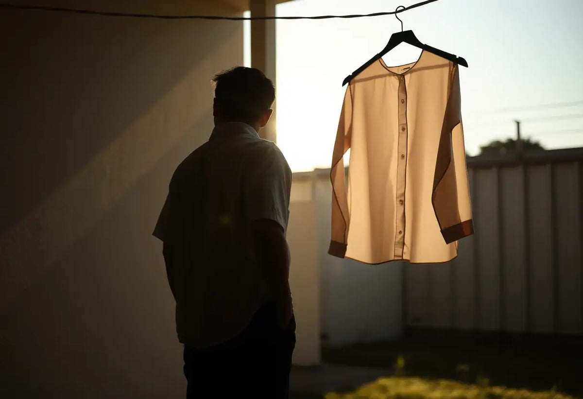 Un silhouetté portant un t-shirt blanc se tient près d'une corde à linge avec un sac à vêtements à proximité.
