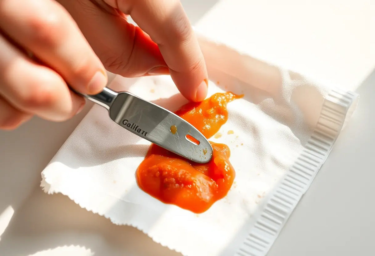 Main de personne tenant un couteau à beurre au bout arrondi au-dessus d’une serviette blanche pour enlever de la sauce tomate