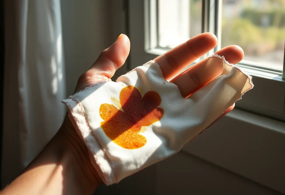 Main du vêtement souillé par la sève de pin