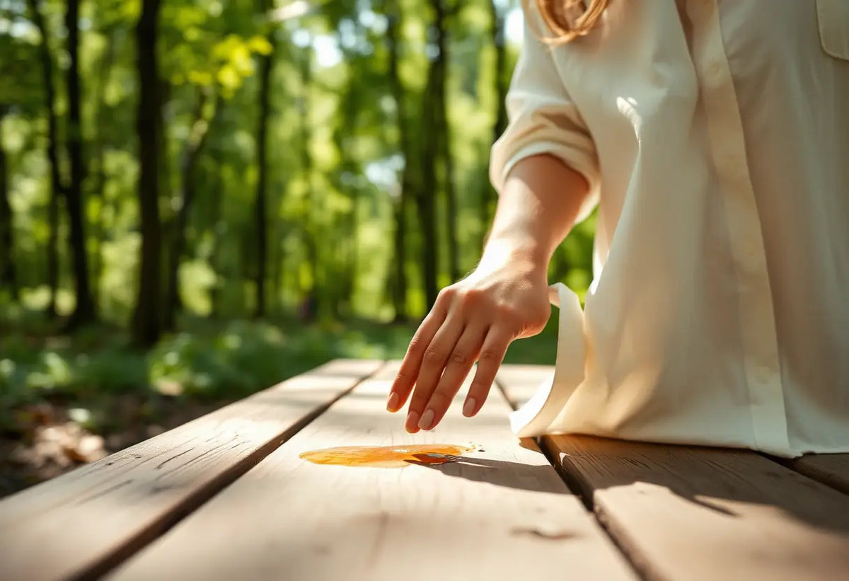 Main: main de femme frottant une tache sur un vêtement en coton en pleine forêt.