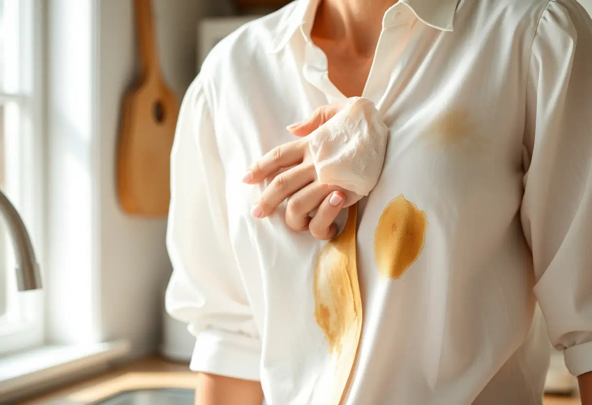 Main dans une cuisine, frottant du savon sur une chemise en coton souillée par de la sève d'arbre