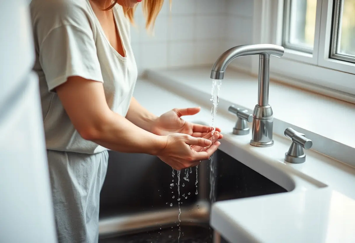 Une femme rince ses mains sous un robinet de cuisine, gouttes d'eau sur le carrelage, éclairé naturellement.