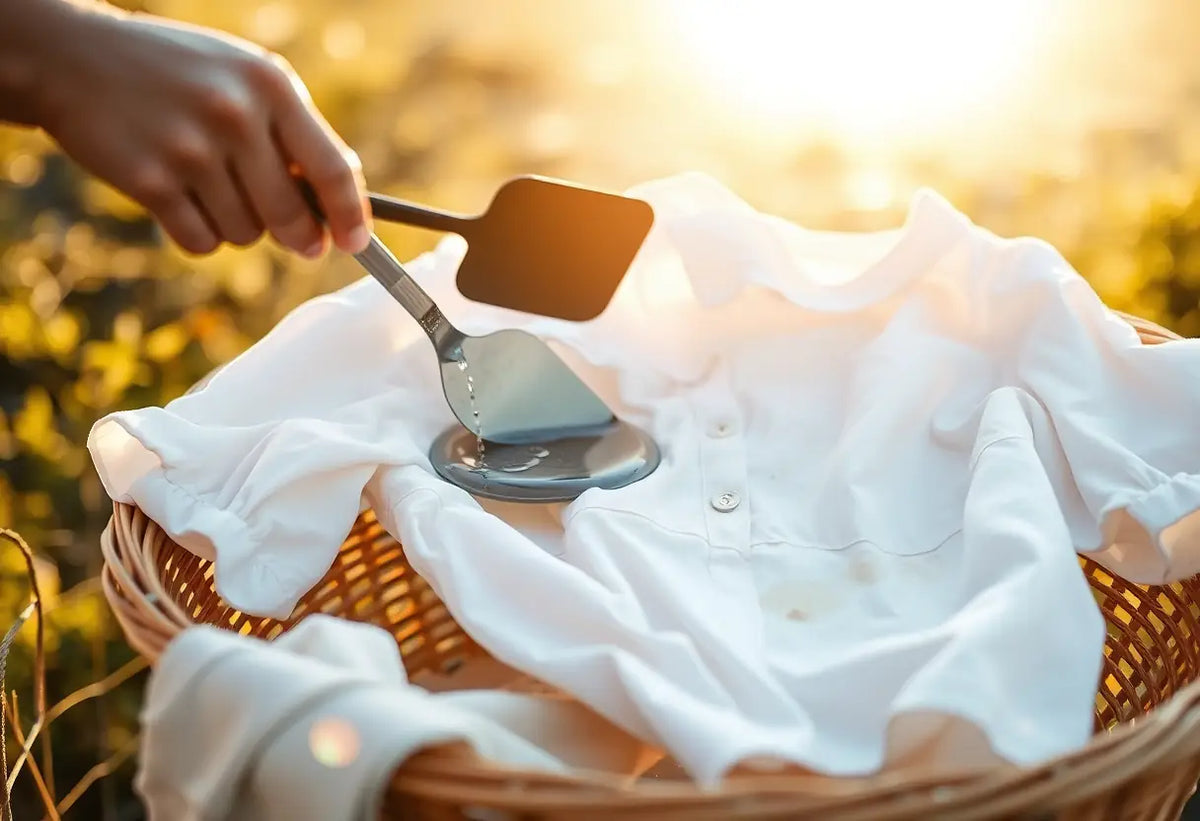 Une main applique de l'eau sur une blouse blanche posée sur un panier à linge à l'extérieur.