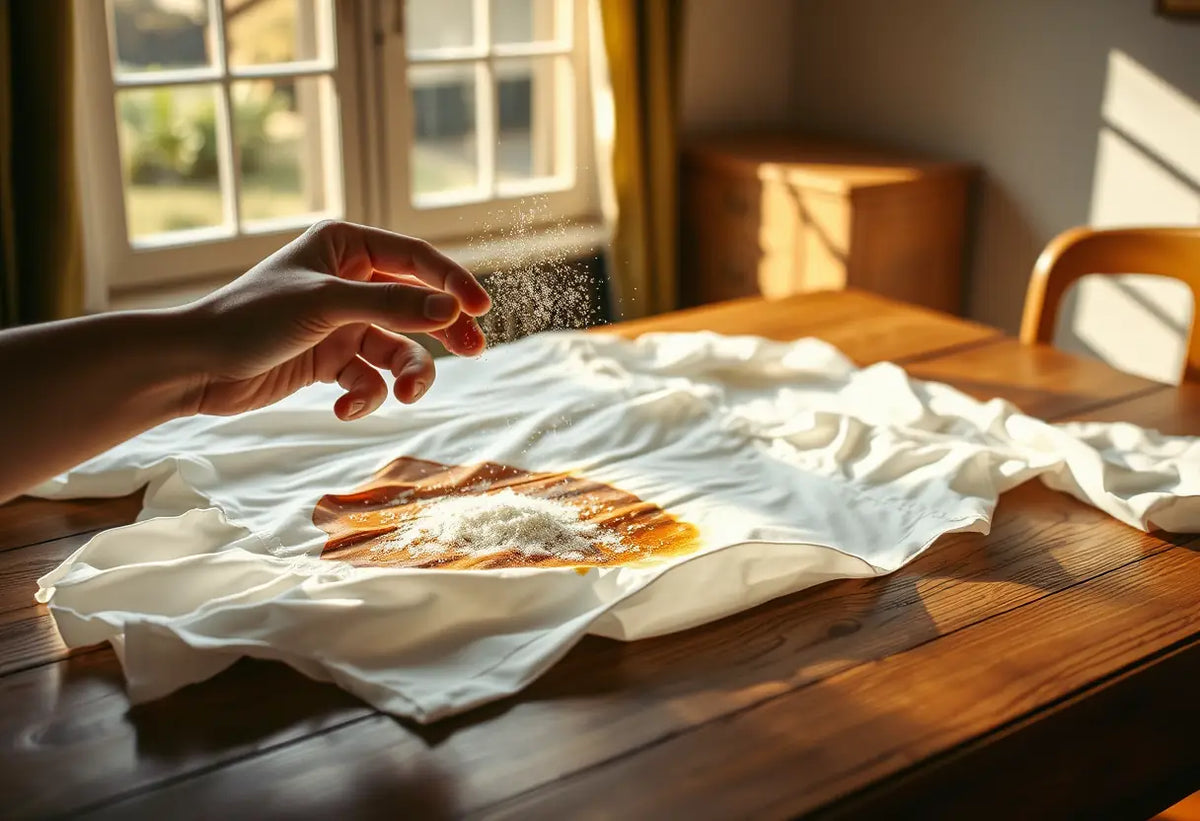 Une main saupoudre du bicarbonate de soude sur une blouse blanche tachée, éclairée par la lumière du matin.