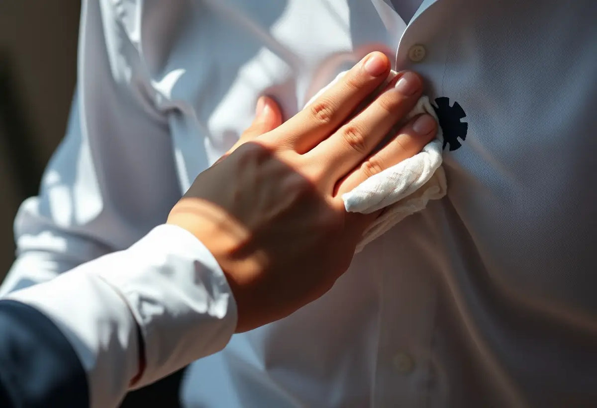Un homme blottit une tache d'encre sur un vêtement