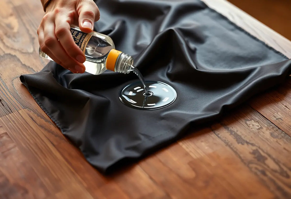 Main appliquant de l'alcool sur un tissu synthétique pour éliminer une tache d'encre