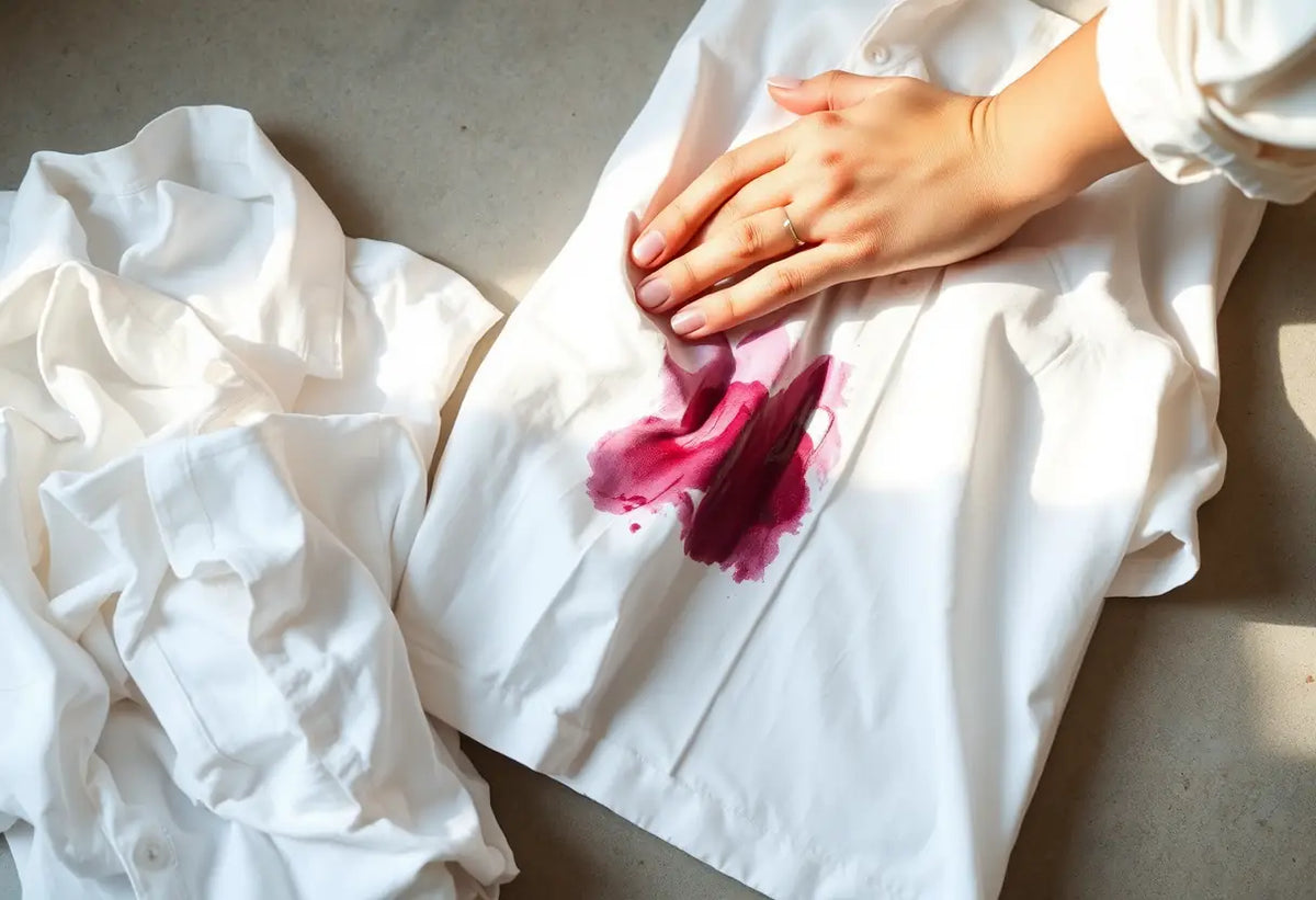 Main: main de femme frottant un vêtement blanc taché d'encre