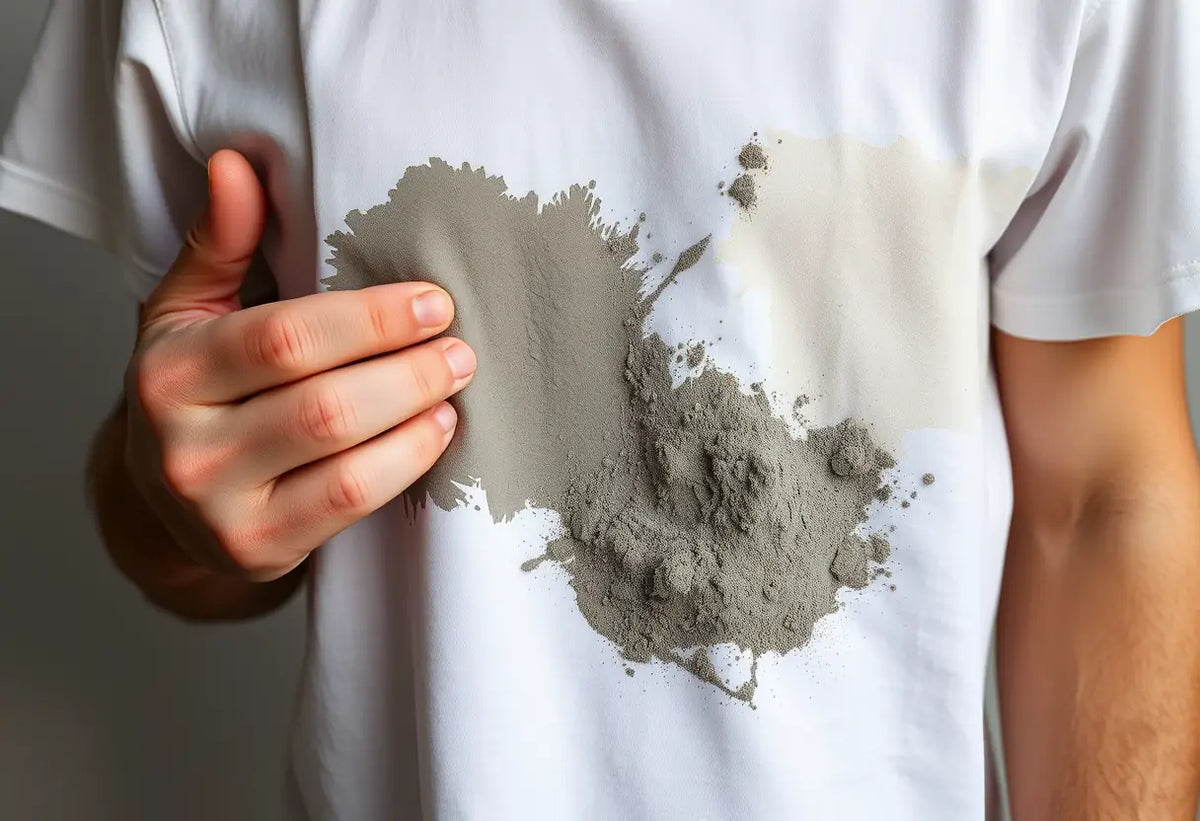 Une main tient une chemise en coton maculée d'un enduit de ciment grisâtre, illustrant la résistance de cette tache.