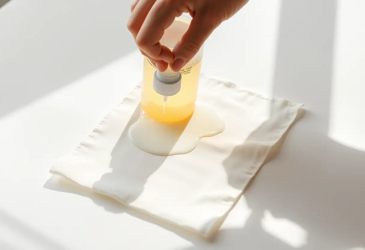 Main pulvérisant du javel dilué sur un échantillon de tissu synthétique, sur une table
