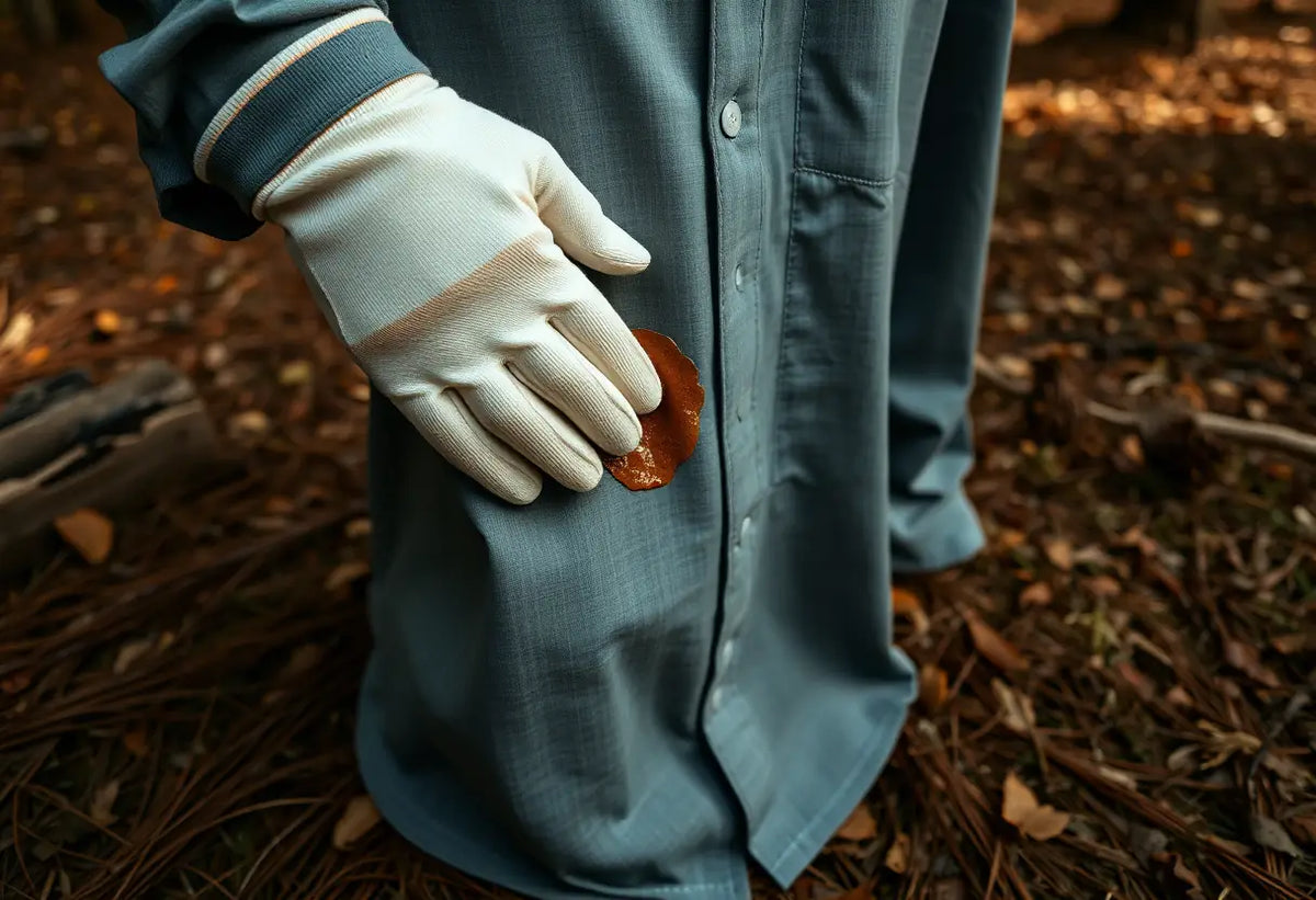 Une main gantée de coton essuie une tache de résine sur un vêtement, au milieu d’aiguilles de pin et de feuilles mortes.