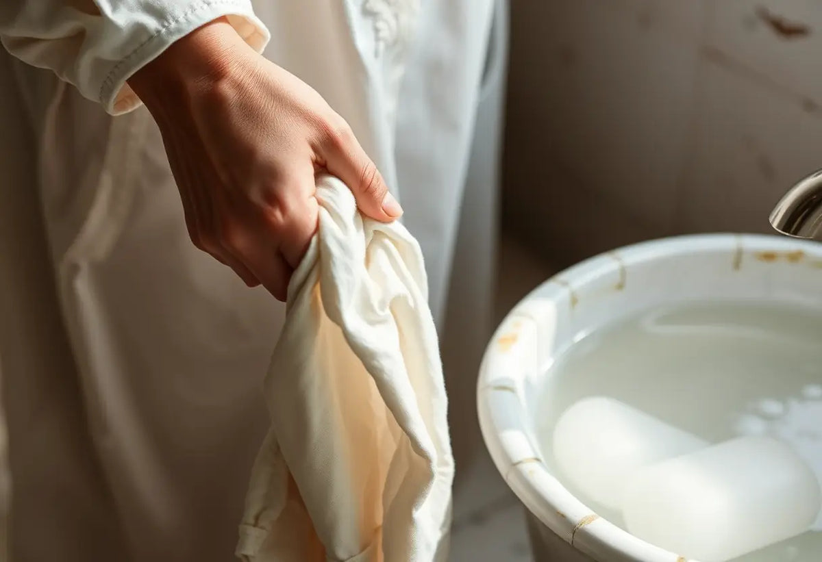 Une main tient un tee-shirt décoloré près d'un lavabo, éclairé naturellement.