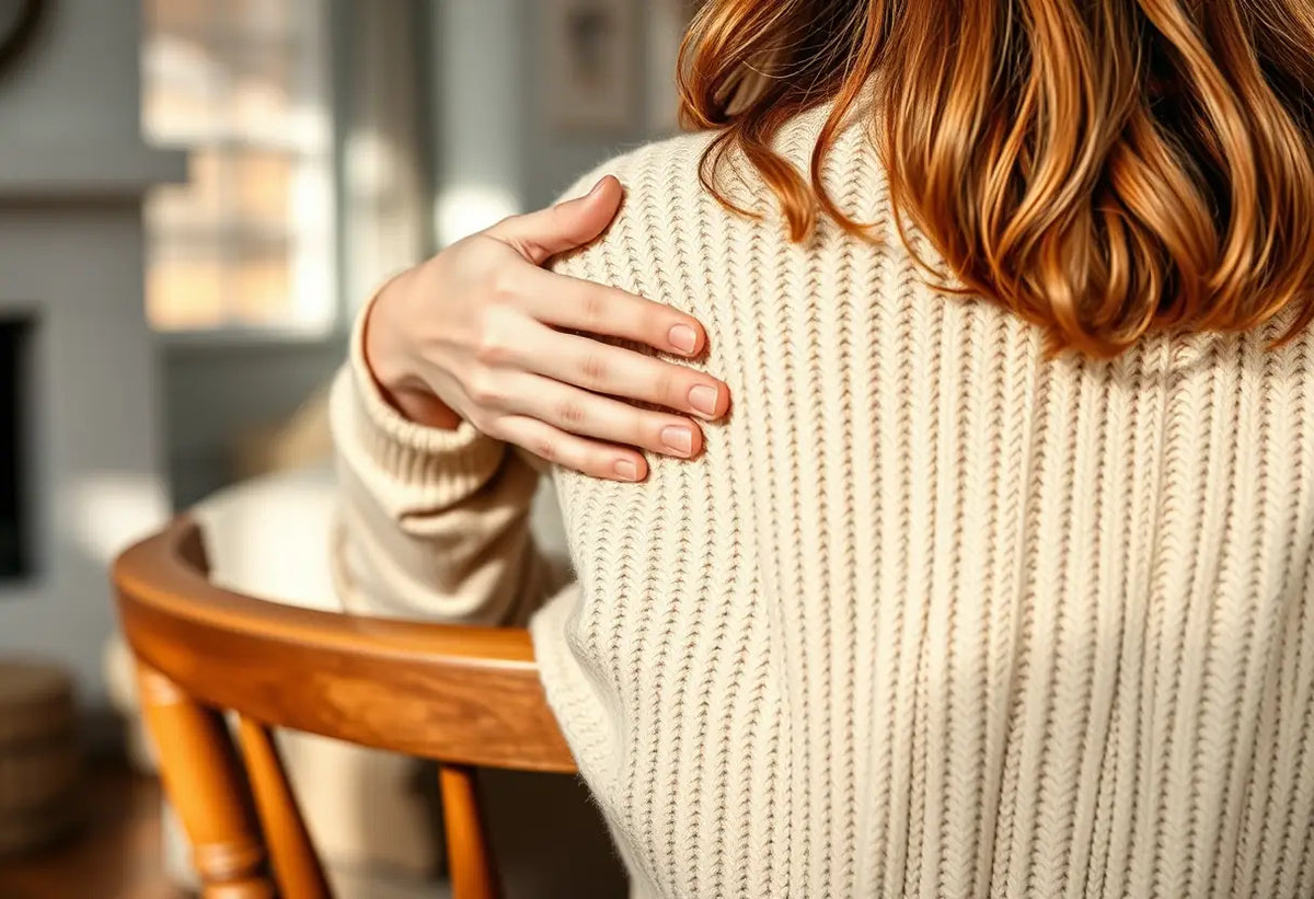Une femme passe sa main sur un pull pour enlever les petites bouloches