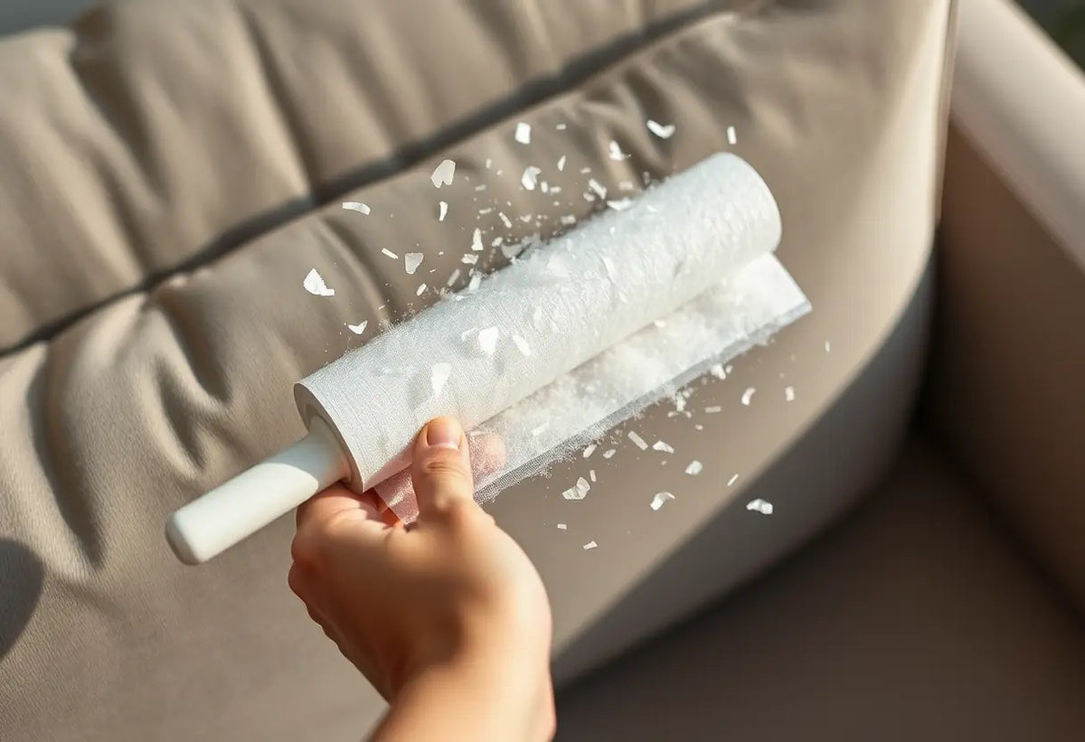 Une main passe un décapeur à poils sur un canapé, capturant des paillettes en polyester.