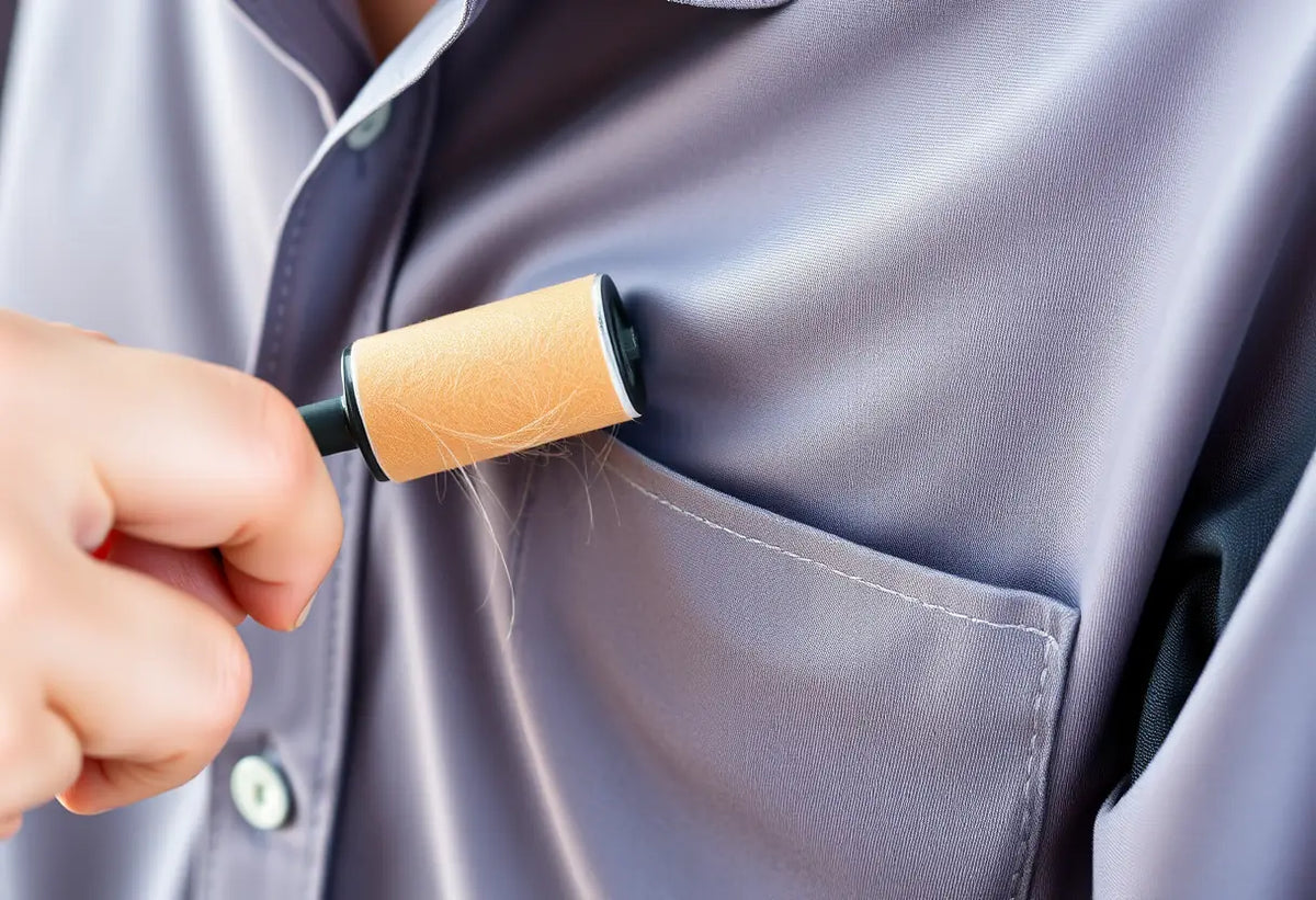 Un plan rapproché d'un tissu synthétique, des poils s'y accrochent, un rouleau adhésif en main.