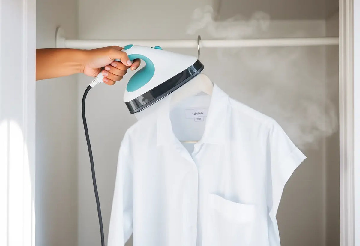 Main tenant un vaporisateur au-dessus d'une chemise en polyester