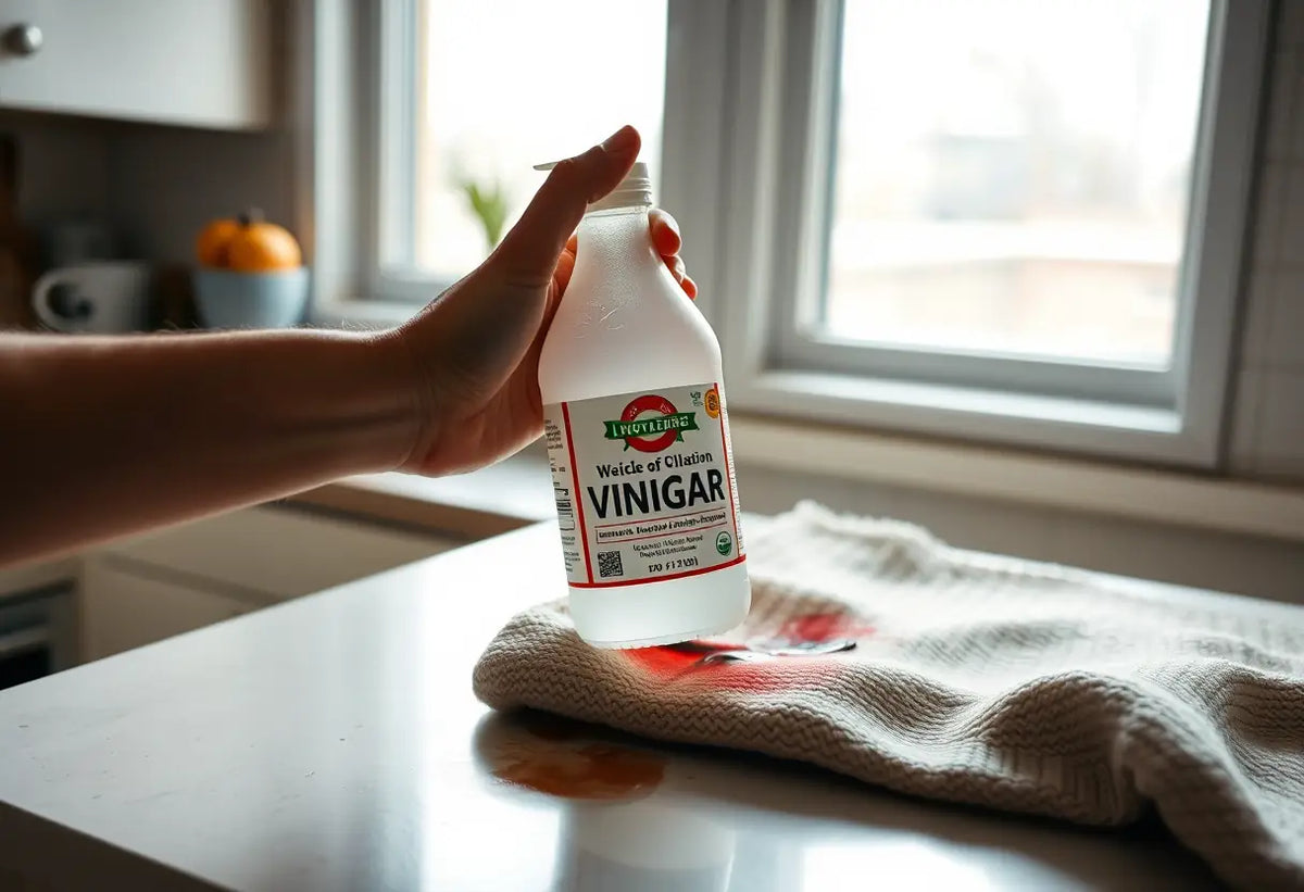 Une main verse du vinaigre blanc sur un pull en laine taché dans la cuisine.