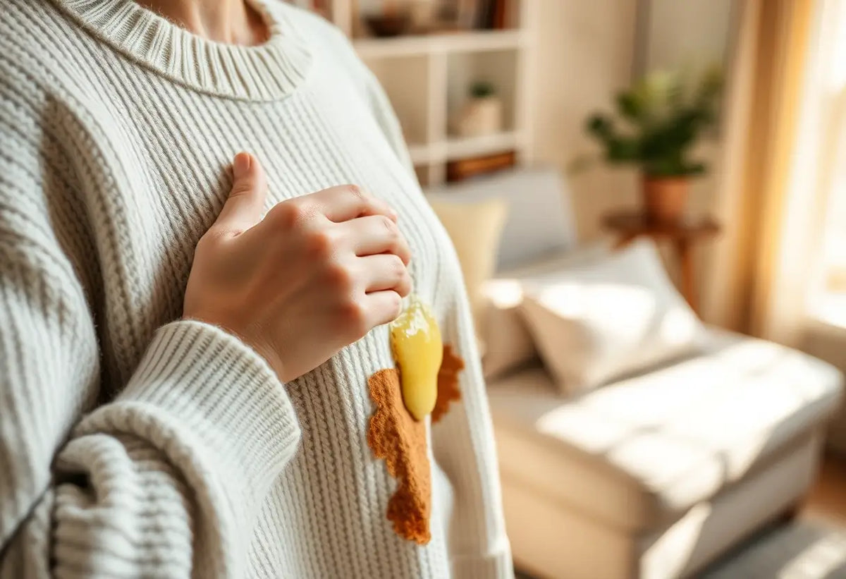 Main: une main applique du jus de citron sur un pull en laine