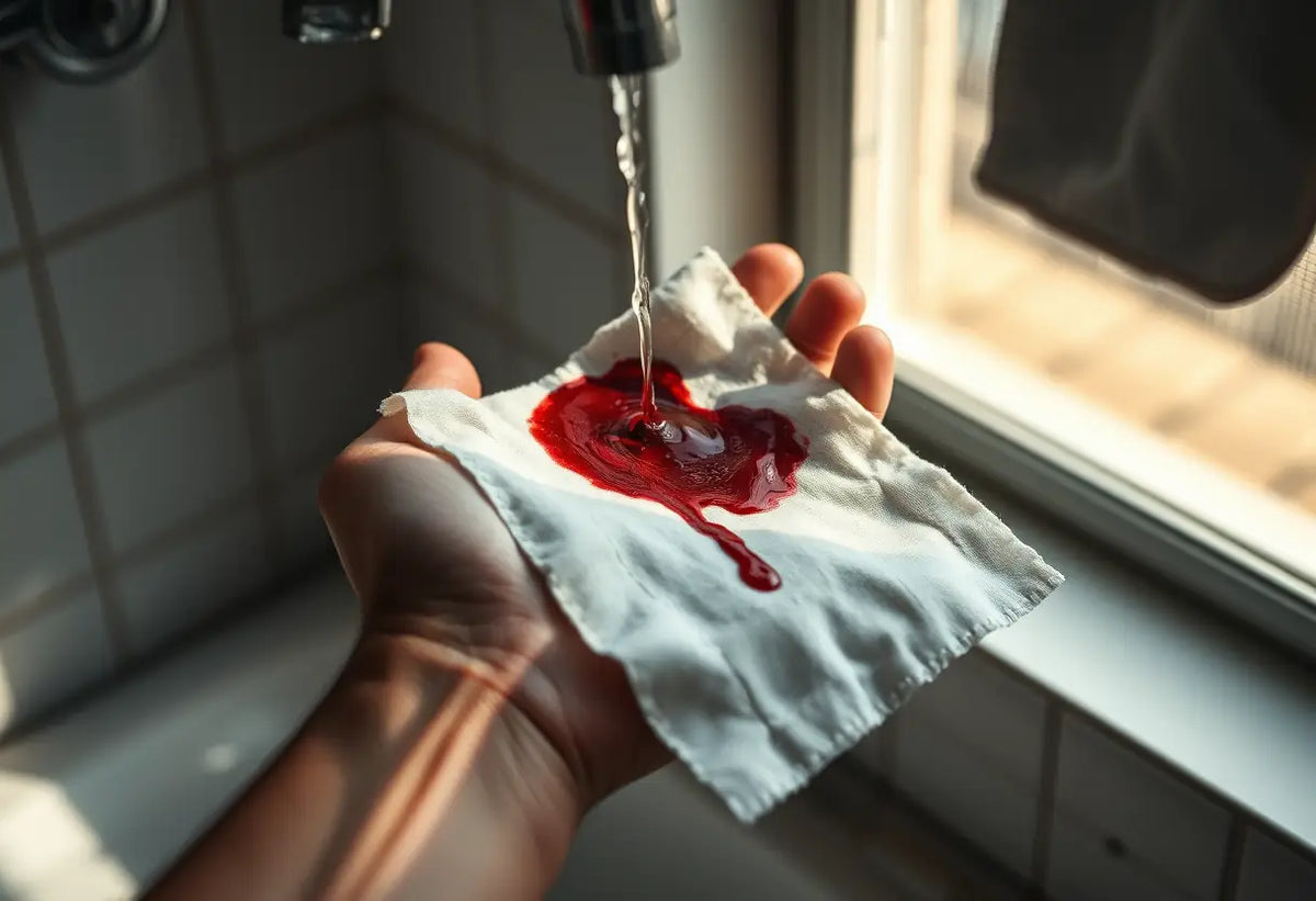 Main: une main tenant un morceau de tissu en coton taché de sang, avec de l'eau qui goutte d'un robinet.