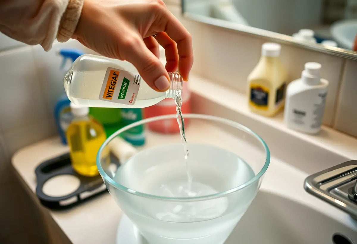 Une main verse du vinaigre blanc dans un bol d'eau sur une table de toilette remplie d'accessoires de nettoyage.