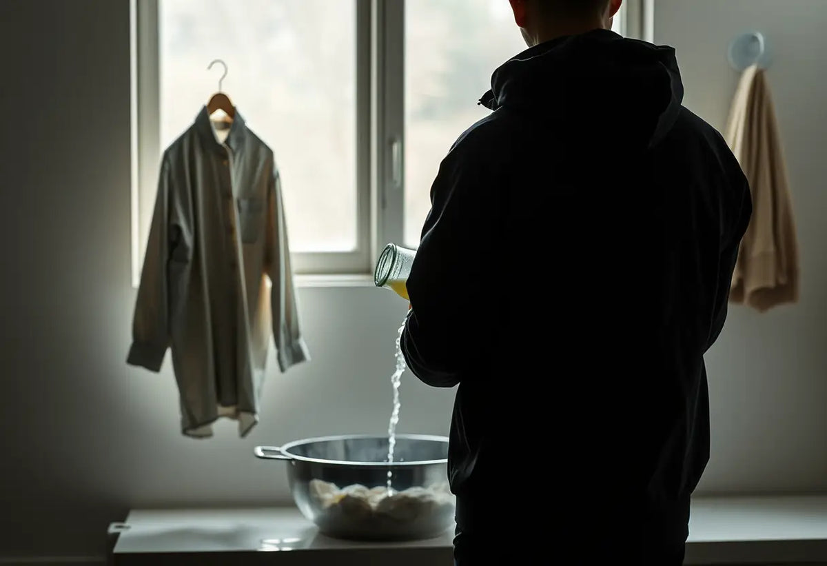 Une silhouette verse du vinaigre blanc dans un bassin d'eau près d'un vêtement souillé, vêtements tachés.