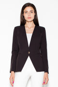 blazer femme cintré ajusté noir beige col V sans revers bouton doré épaules structurées pinces princesse tissu structuré