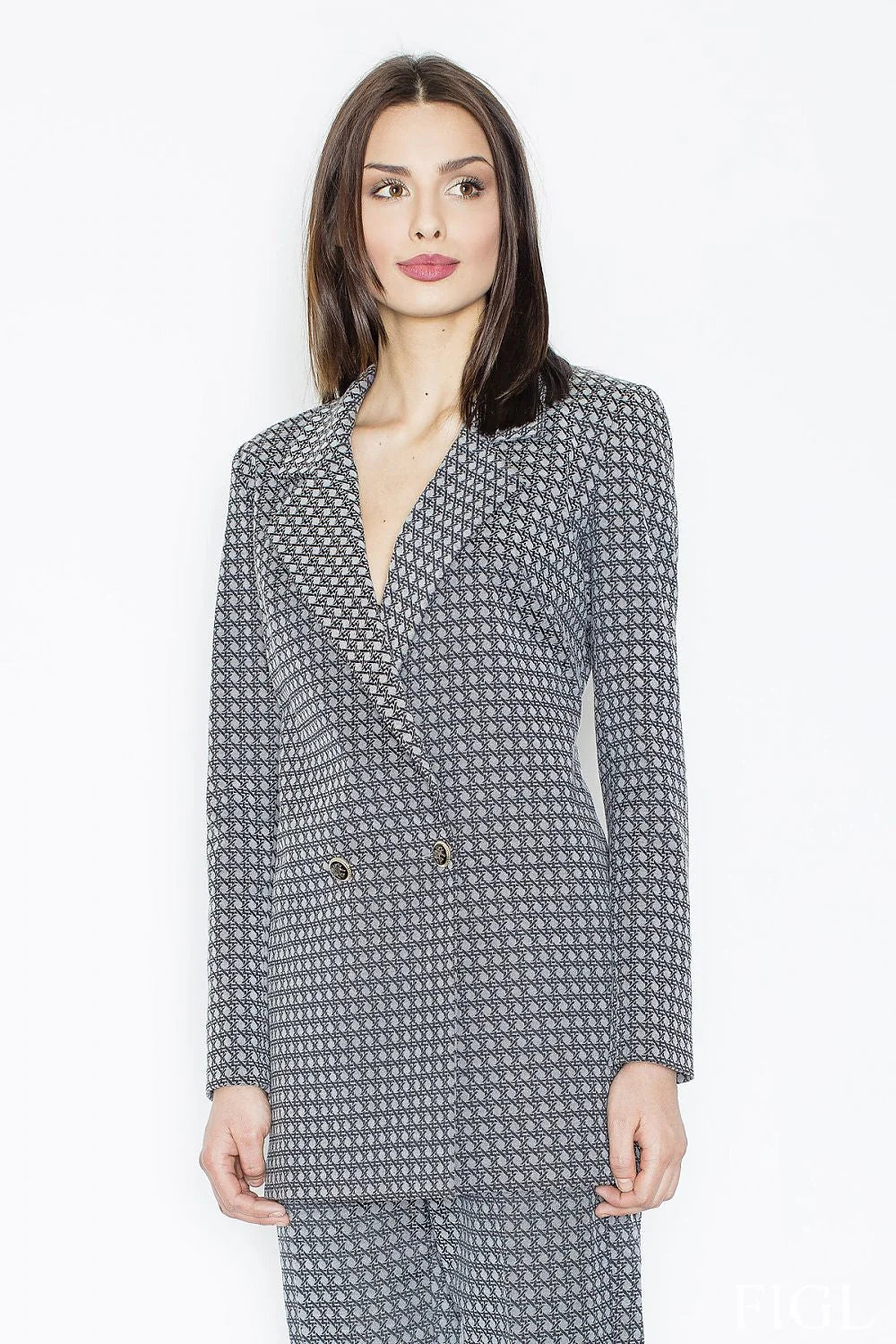 Blazer femme cintré en tissu synthétique professionnel élégant motif géométrique double boutonnage pour bureau