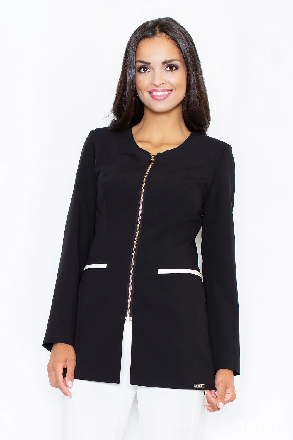 Blazer femme élégant en tissu lisse blanc moderne avec fermeture éclair et poches contrastantes
