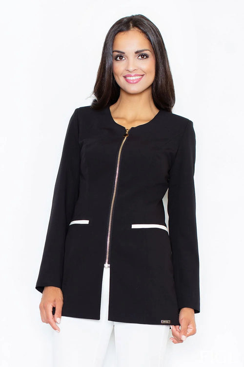 Blazer femme élégant en tissu lisse blanc moderne avec fermeture éclair et poches contrastantes