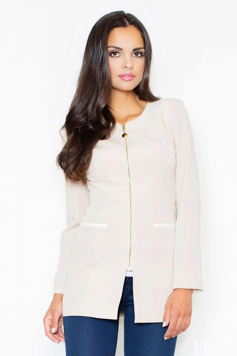 Blazer femme élégant en tissu lisse blanc moderne avec fermeture éclair et poches contrastantes