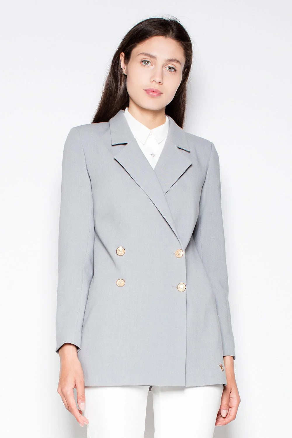 Blazer femme en tissu synthétique élégant gris clair double boutonnage pour tenue professionnelle moderne