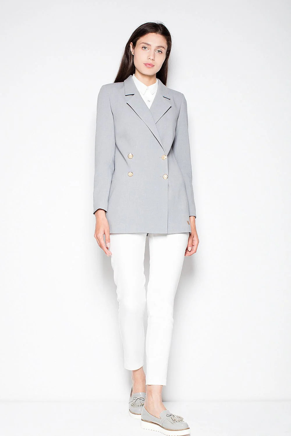 Blazer femme en tissu synthétique élégant gris clair double boutonnage pour tenue professionnelle moderne