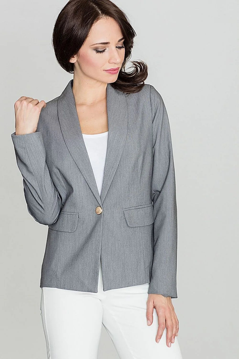 Blazer femme gris coton chic et élégant ajusté bouton doré pour tenues professionnelles modernes