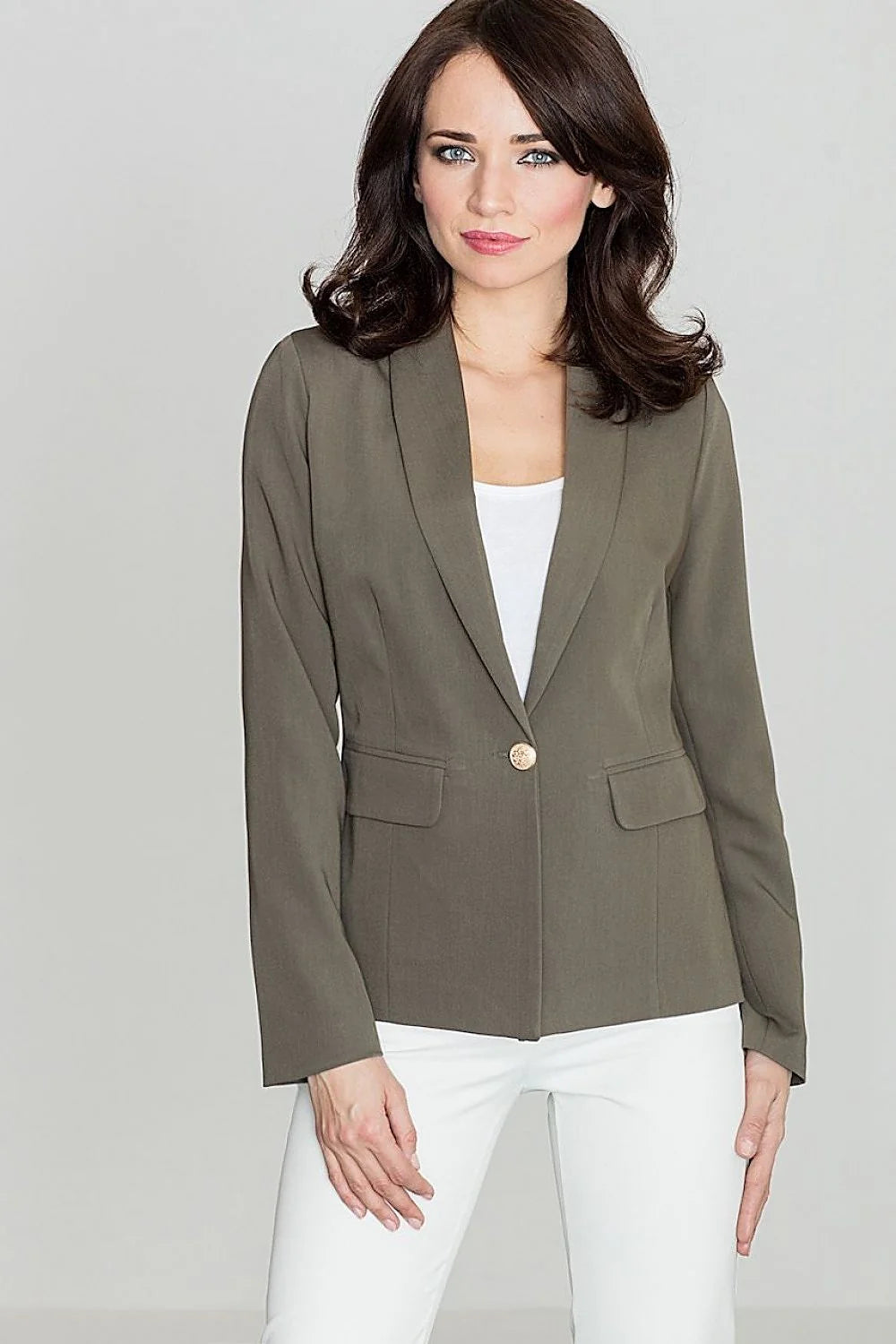 Blazer femme gris coton chic et élégant ajusté bouton doré pour tenues professionnelles modernes