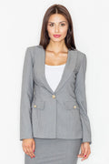Blazer femme gris en tissu élégant, coupe ajustée, parfait pour un style professionnel chic
