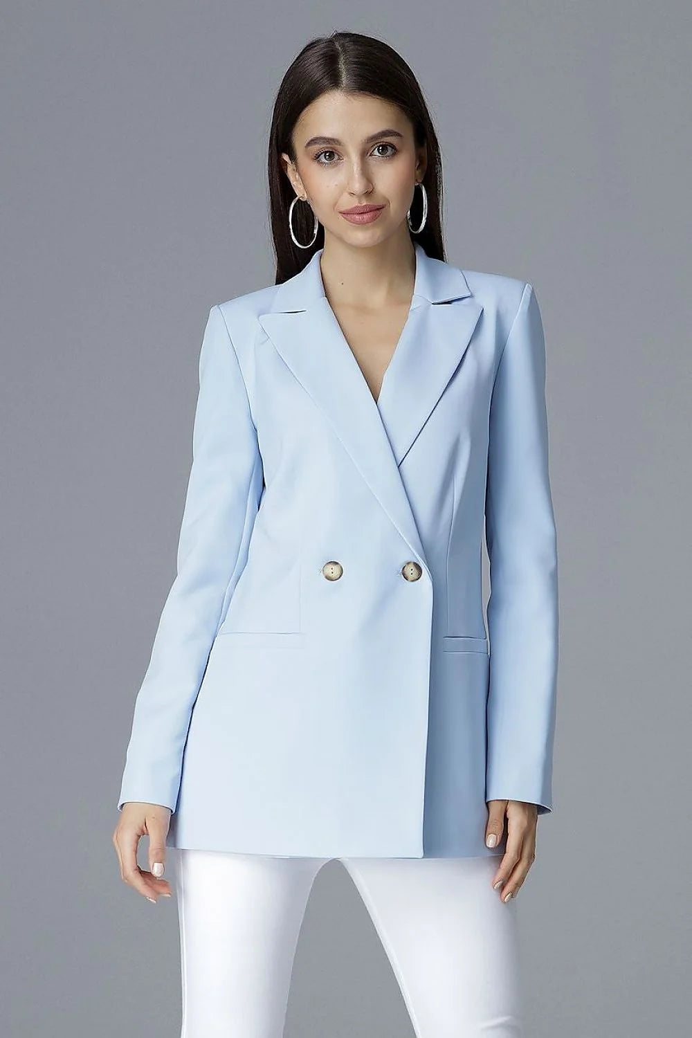 Blazer femme tissu classique élégant bleu clair boutons dorés coupe ajustée mode féminine sophistiquée