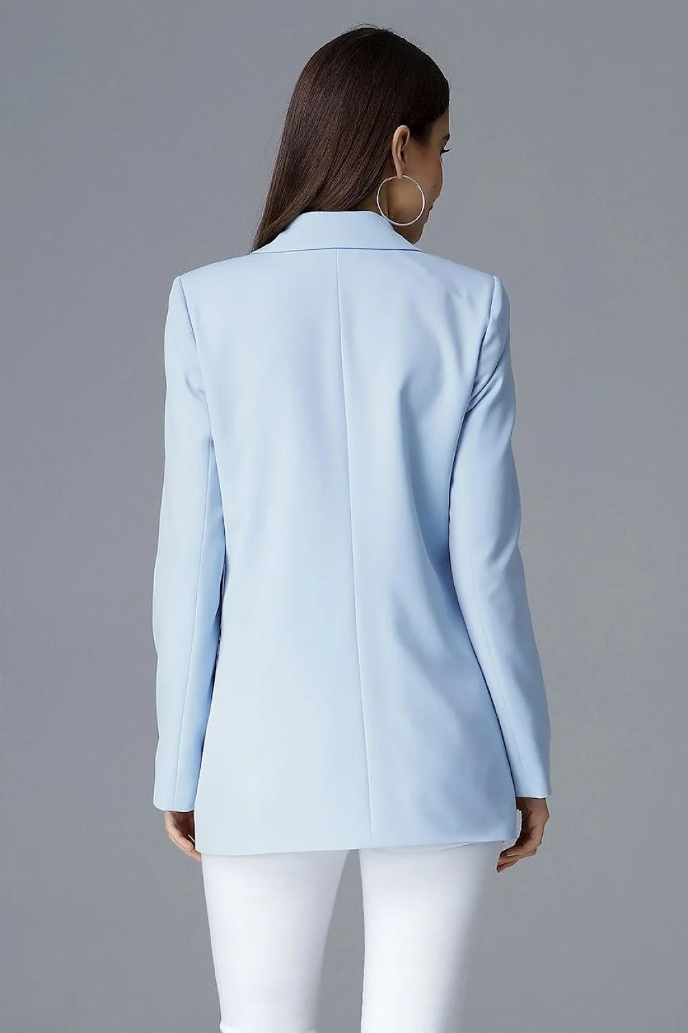 Blazer femme tissu classique élégant bleu clair boutons dorés coupe ajustée mode féminine sophistiquée