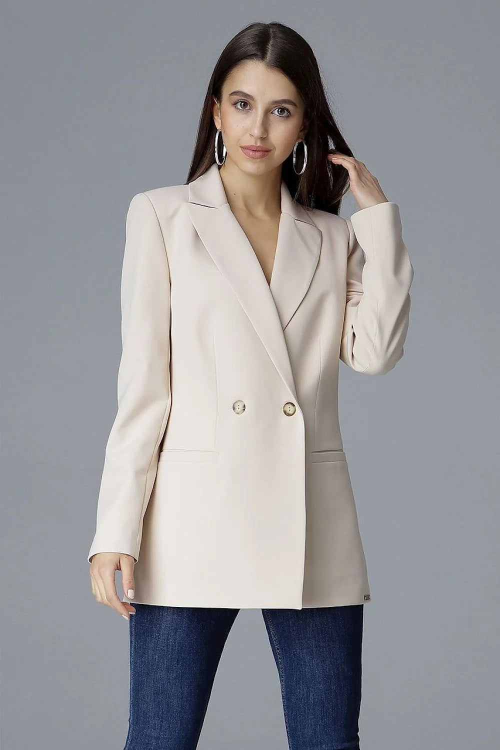 Blazer femme tissu classique élégant bleu clair boutons dorés coupe ajustée mode féminine sophistiquée