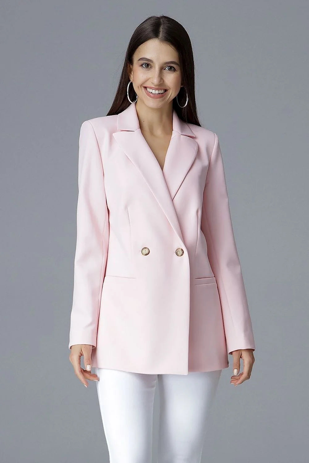 Blazer femme tissu classique élégant bleu clair boutons dorés coupe ajustée mode féminine sophistiquée