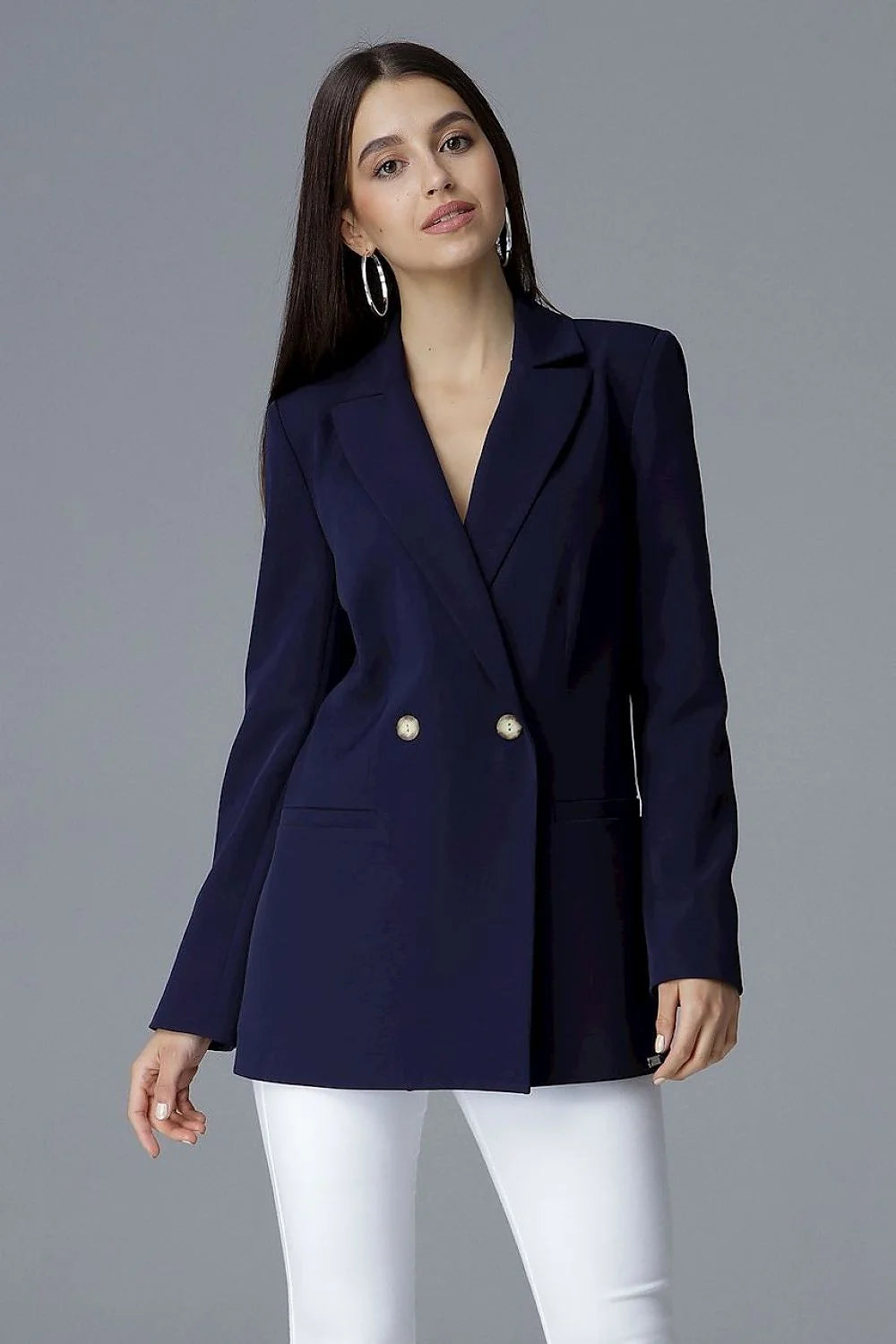 Blazer femme tissu classique élégant bleu clair boutons dorés coupe ajustée mode féminine sophistiquée