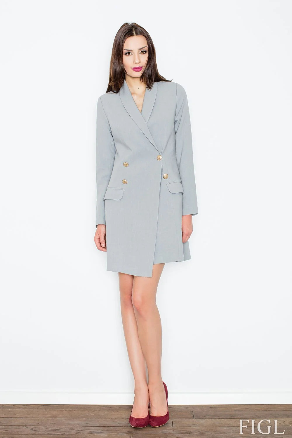 Blazer Robe Tissu Lisse Élégante Gris Clair Boutons Dorés Style Professionnel Journée Soirée Mode Femme