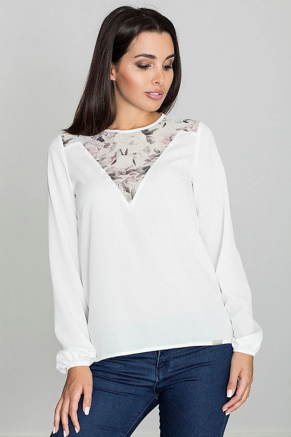 blouse chemise femme manches longues col rond blanche motif floral transparent voile empiècement chiffon fluide coupe droite casual chic élégante