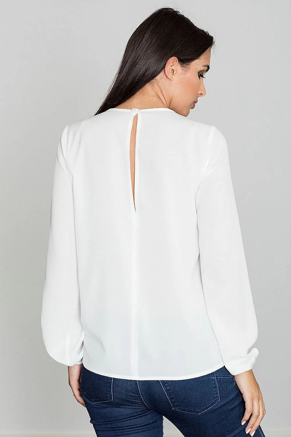 blouse chemise femme manches longues col rond blanche motif floral transparent voile empiècement chiffon fluide coupe droite casual chic élégante