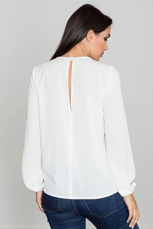 blouse chemise femme manches longues col rond blanche motif floral transparent voile empiècement chiffon fluide coupe droite casual chic élégante