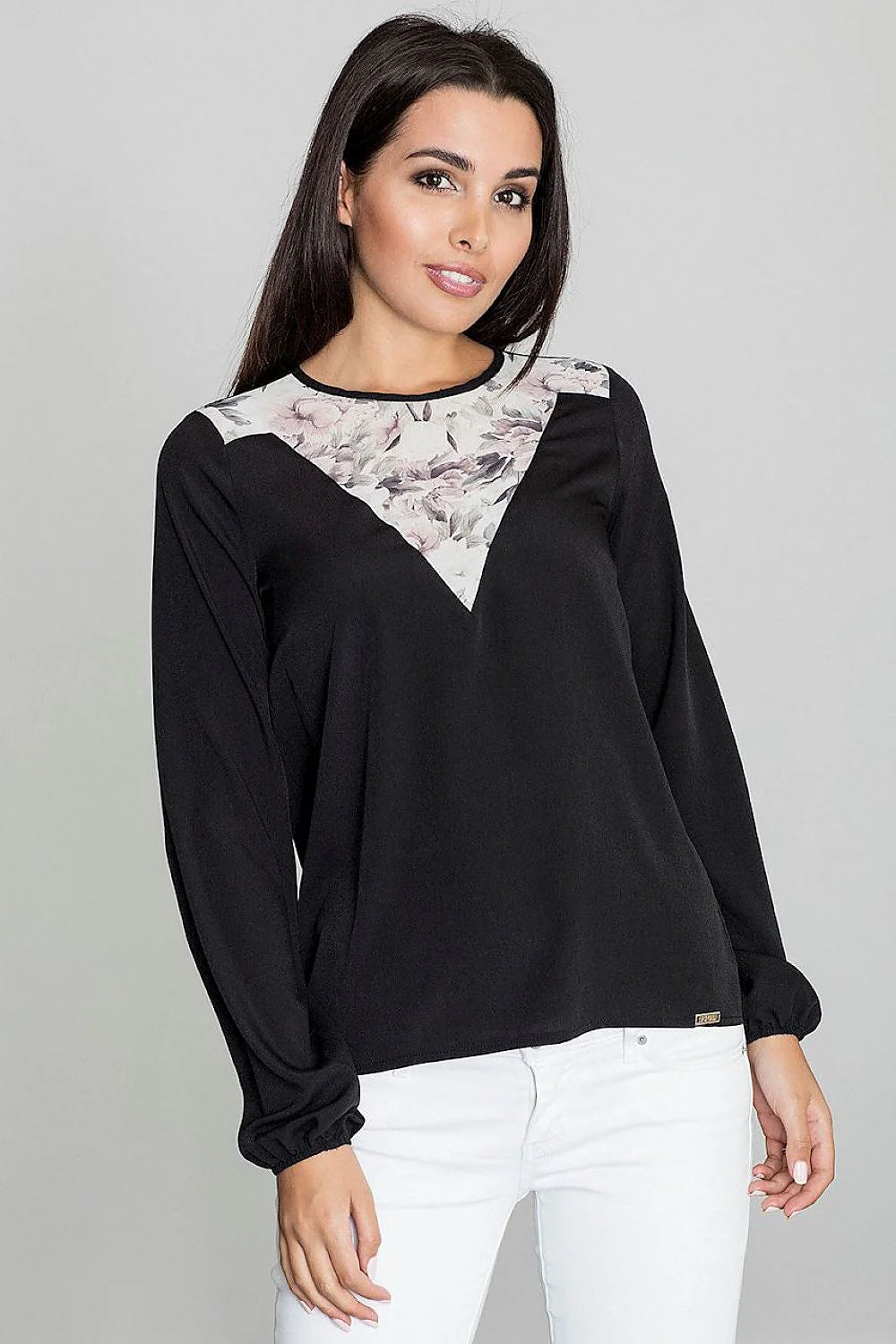 blouse chemise femme manches longues col rond blanche motif floral transparent voile empiècement chiffon fluide coupe droite casual chic élégante