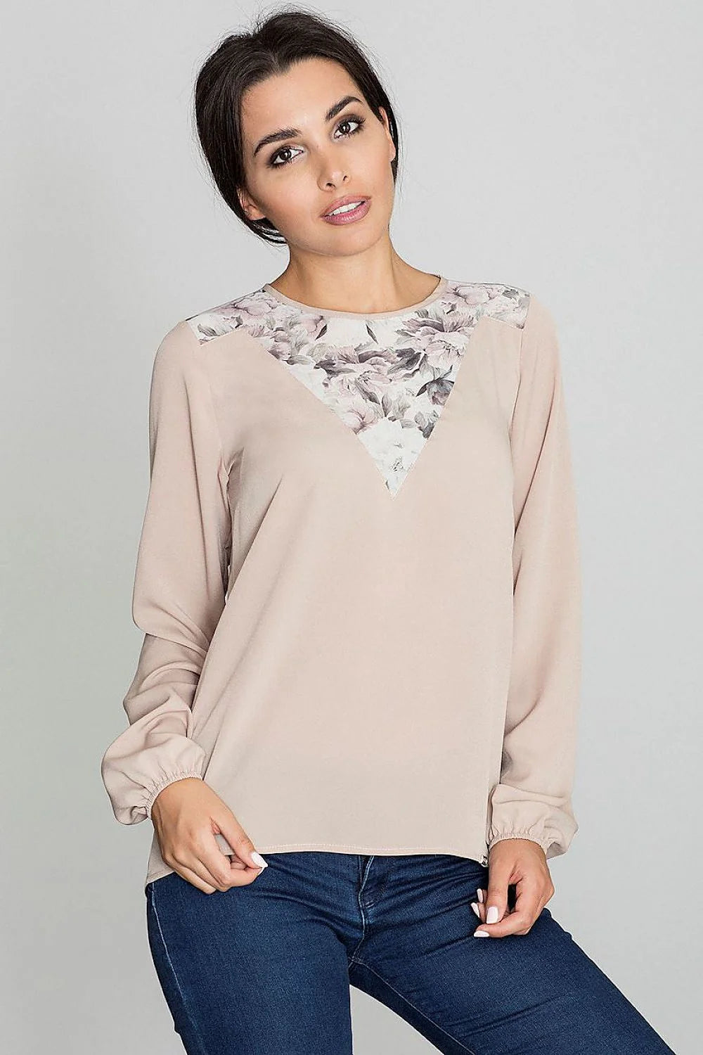 blouse chemise femme manches longues col rond blanche motif floral transparent voile empiècement chiffon fluide coupe droite casual chic élégante