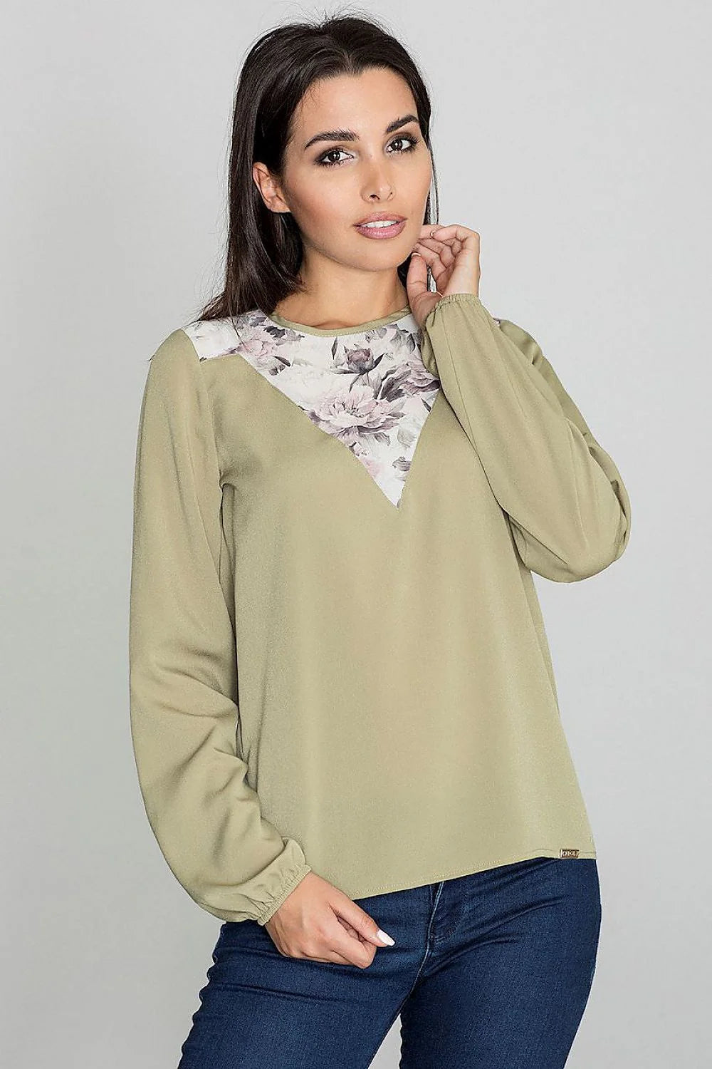 blouse chemise femme manches longues col rond blanche motif floral transparent voile empiècement chiffon fluide coupe droite casual chic élégante