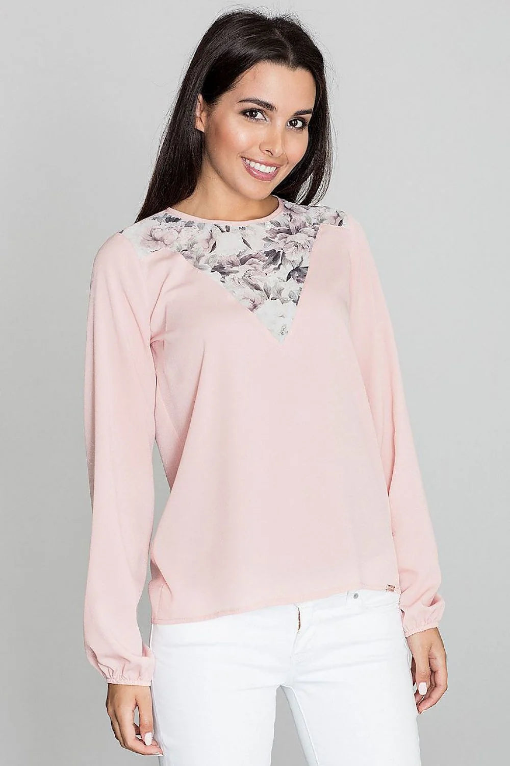 blouse chemise femme manches longues col rond blanche motif floral transparent voile empiècement chiffon fluide coupe droite casual chic élégante