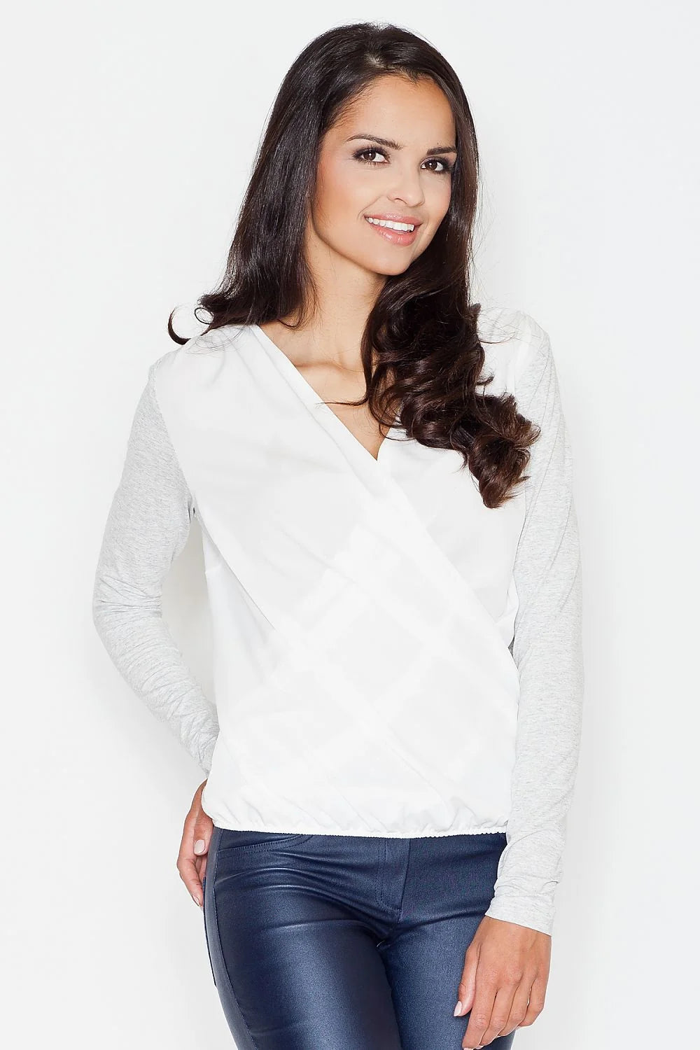 Blouse coton moderne décontractée manches longues contrastées col en V pour femmes élégantes et stylées